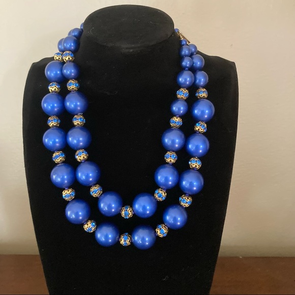 Lapis-tone Double Strand Necklace w/Matching Earrings - Picture 1 of 6
